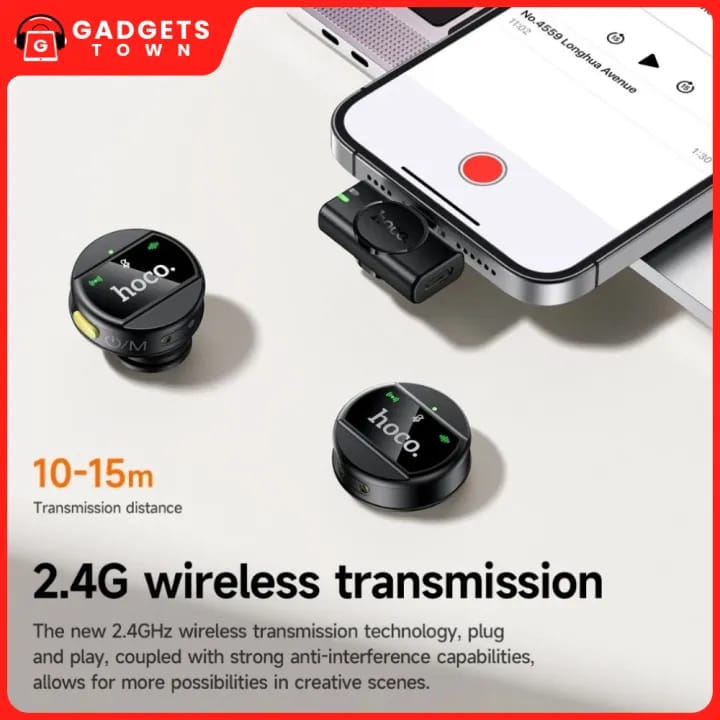 Picture of HOCO | L22 “Bright” Wireless Lavalier Microphone | Type-C Receiver + Lightning Adapter | 80mAh Mic & 600mAh Charging Case | 5–6h Use | Magnetic Clip, Plug-and-Play | For Android & iPhone