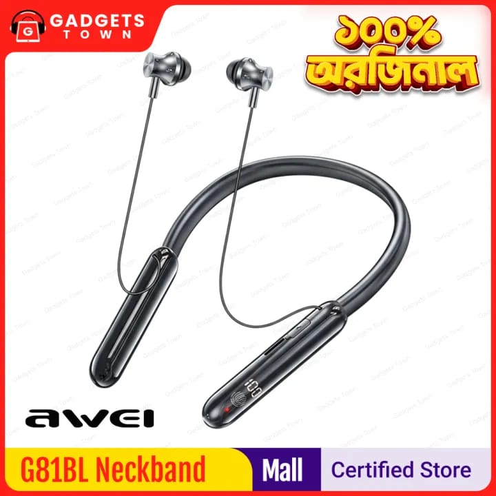 Picture of AWEI | G81BL Neckband Bluetooth Headset | Bluetooth 5.4 (JL7006F4) | 80h Playtime, 500mAh Battery | 10mm Drivers, AAC/SBC | Dual-Device Connection, TF Card & Digital Display | USB-C | For Android & iPhone.