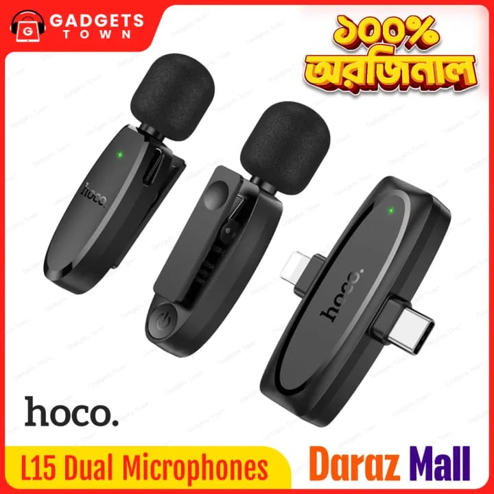 Picture of Hoco L15 Crystal iP + Type‑C Dual‑Mic Lavalier Wireless Microphone | 360° HD Pickup | 6 h Battery | 15 ms Low‑Latency | USB‑C Charging & Phone‑Charge | Noise‑Reduction DSP