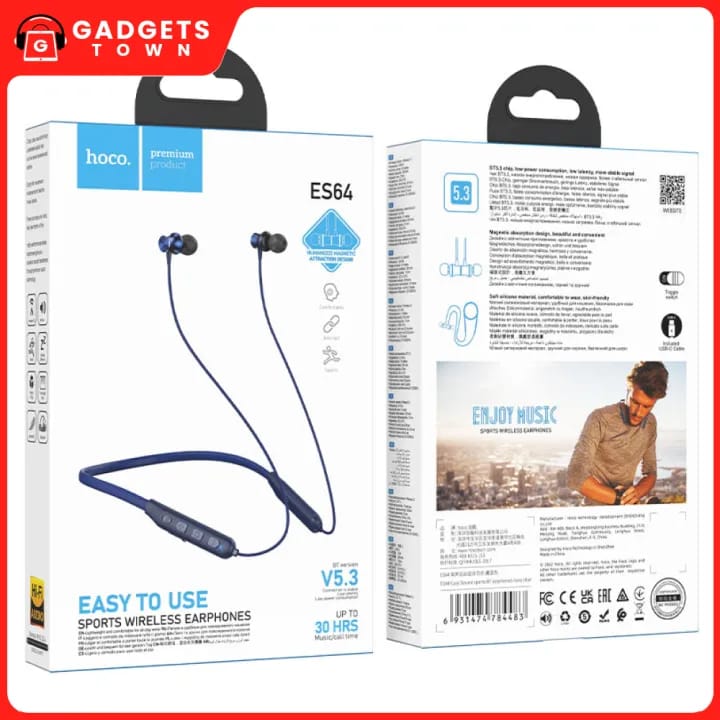 Picture of Hoco ES64 Sports Wireless Neckband Earphones | Bluetooth 5.3 | 30H Playback | Magnetic Design | Type-C Charging | Lightweight & Sweatproof | Ideal for Workout & Commute