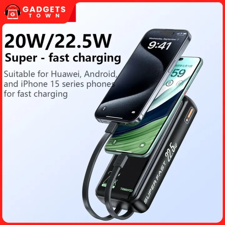 Picture of Tranyoo | T-K17 | 20000mAh Power Bank | 22.5W Fast Charging | Built-in Type-C & Lightning Cables |