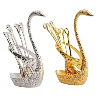Picture of Swan Dinnerware European Style Silver Finish Metal Cake /Coffee Spoon Fork Set Tableware For Home Table Decor