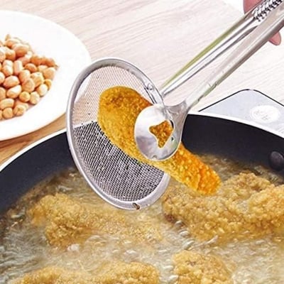 Picture of Stainless Steel Snack Fryer Filter Spoon with Clip Multi-Functional Oil Mesh Colander Kitchen Serving Tongs