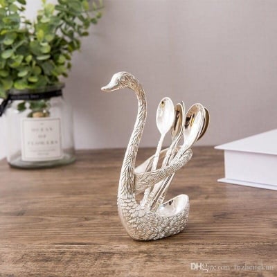 Picture of Swan Dinnerware European Style Gold Finish Metal Cake /Coffee Spoon Fork Set Tableware For Home Table Decor - Silver