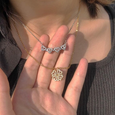 Picture of Magnetic Love Heart  Pendant Necklace For Women Chain Jewelry Four Leaf Clover Necklace Hearts Clover Necklace Lucky 4 In 1 Love Pendant - Necklace S - Gold