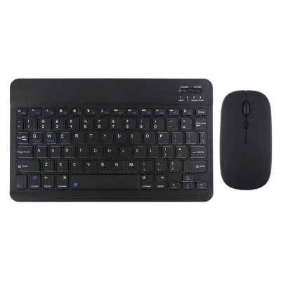 Picture of Wireless Keyboard and Mouse Set: Compact Bluetooth Keyboard (Rechargeable) with Matching Mouse. English Ergonomic Design for a Comfortable Experience on iPad, Tablets, Phones, Laptop, Android, iOS, and Windows - Black