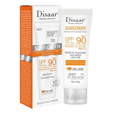 Picture of Disaar Oil Free Sunscreen SPF90 PA+++ Sunscreen Foundation Instant Protection UVA UVB PA+++ Oil Free Sunblock Cover  Protect Perfectly Moisturizing Coverage Surge 40g