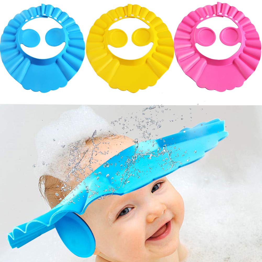 Picture of Baby Shower Cap Bathing Cap - 3 Pcs Soft Adjustable Visor Hat Safe Shampoo Shower Bathing Protection Bath Cap for Toddler Baby Kids Children (Bule+Yellow+Pink)