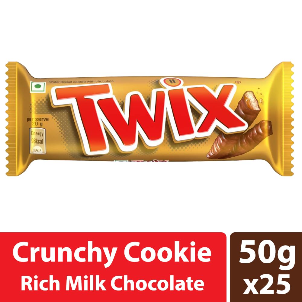 Picture of Twix Caramel Cookie Chocolate Bar Loaded with Soft Nougat Chewy Caramel & Crunchy Cookie Premium Chocolate Pack for Sharing with Family & Friends 50Gram Pack of 25