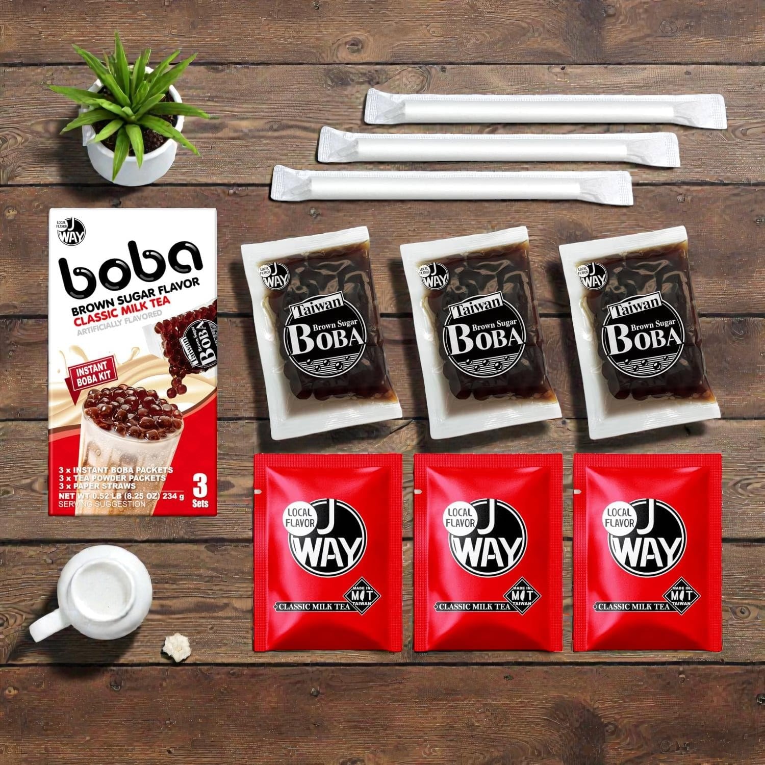 Picture of J WAY Instant Boba Bubble Pearl Classic Milk Tea, Brown Sugar Flavor, Paper Straws Included - 3 Servings
