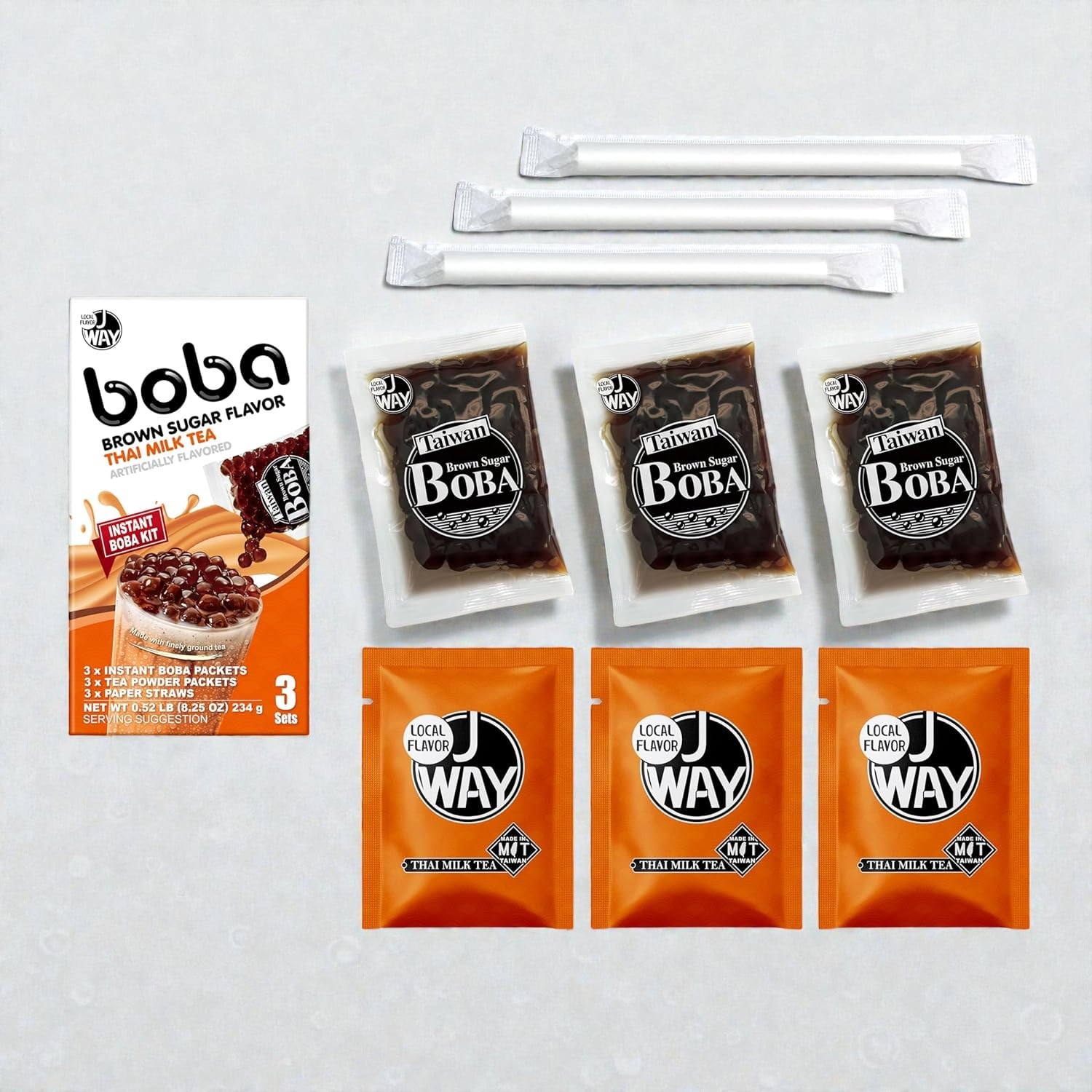 Picture of J WAY Instant Boba Bubble Pearl Thai Milk Tea, Brown Sugar Flavor, Paper Straws Included - 3 Servings