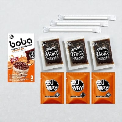 Picture of J WAY Instant Boba Bubble Pearl Thai Milk Tea, Brown Sugar Flavor, Paper Straws Included - 3 Servings