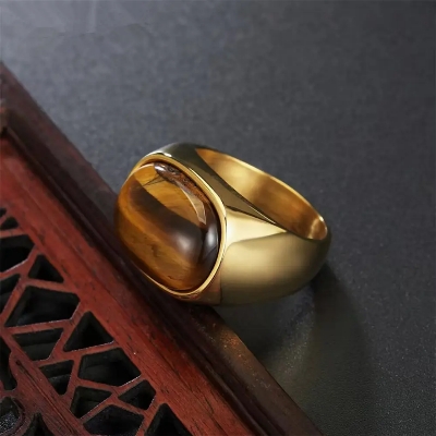 Picture of Men Titamuim Steel Punk Silver Gold Plated Ring For Men Natural Stone Rings With Black Stone And Tiger Eye Stone