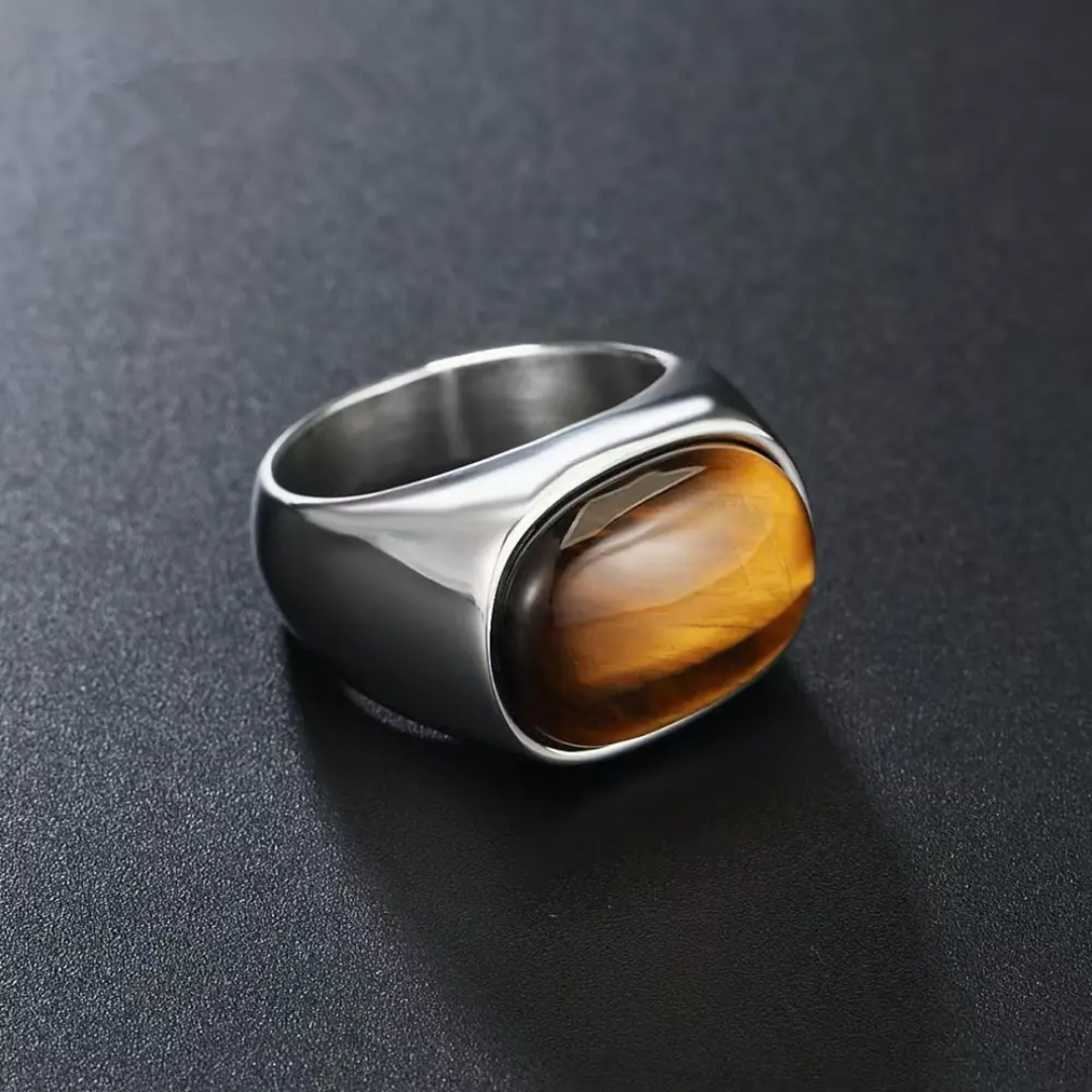 Picture of Men Titamuim Steel Punk Silver Gold Plated Ring For Men Natural Stone Rings With Black Stone And Tiger Eye Stone