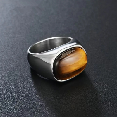 Picture of Men Titamuim Steel Punk Silver Gold Plated Ring For Men Natural Stone Rings With Black Stone And Tiger Eye Stone