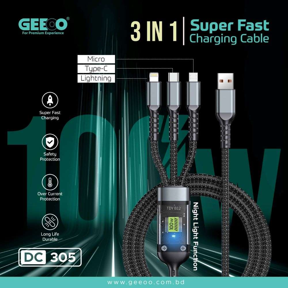 Picture of CHOICE 3-in-1 Multi-Port 100W USB Type-C Fast Charging Cable for iPhone, Xiaomi, Poco, Huawei, Samsung