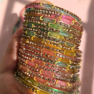 Picture of Raindrop Rainbow Glass Bangles With Stone Work. Premium Quality 12 piece Multicolor Churi