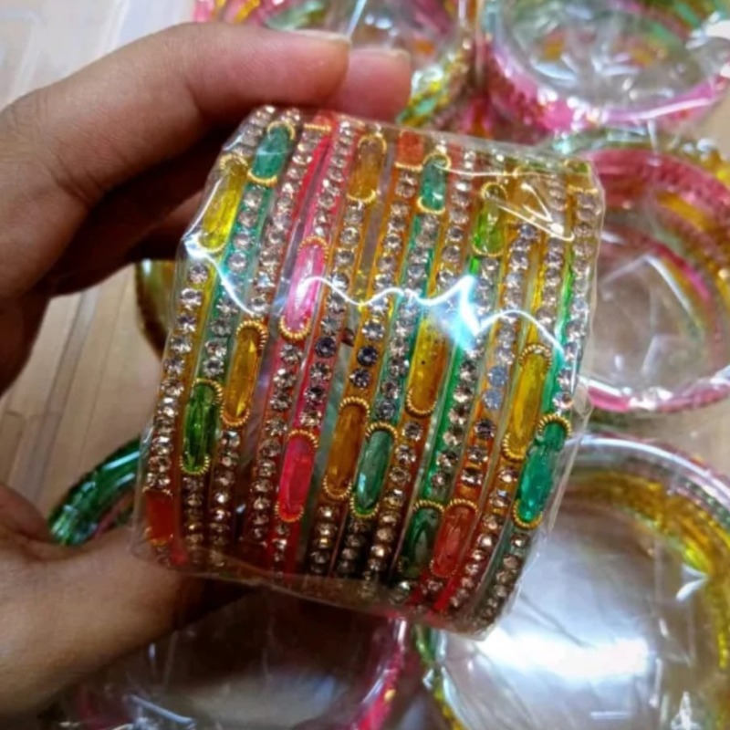 Picture of Raindrop Rainbow Glass Bangles With Stone Work. Premium Quality 12 piece Multicolor Churi