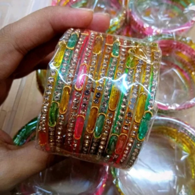 Picture of Raindrop Rainbow Glass Bangles With Stone Work. Premium Quality 12 piece Multicolor Churi