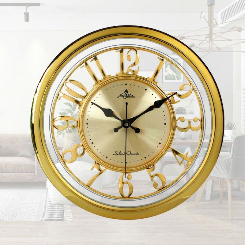 Picture of Transparent clock dial three-dimensional golden large numbers silent wall clock creative wood grain retro living room light luxury wall clock