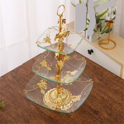 Picture of European-style Metal Tempered Glass Fruit Plate Three-layer Retro Elegant Hotel Home Living Room Fruit Plate (Color : Gold, Size : One size)