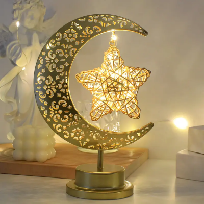 Picture of Elegant Gold Moon & Star Table Night Light – Decorative Ambient Lamp for Home, Eid, Ramadan, Party, Holiday, Christmas & Gifts (27×17.5×10cm)