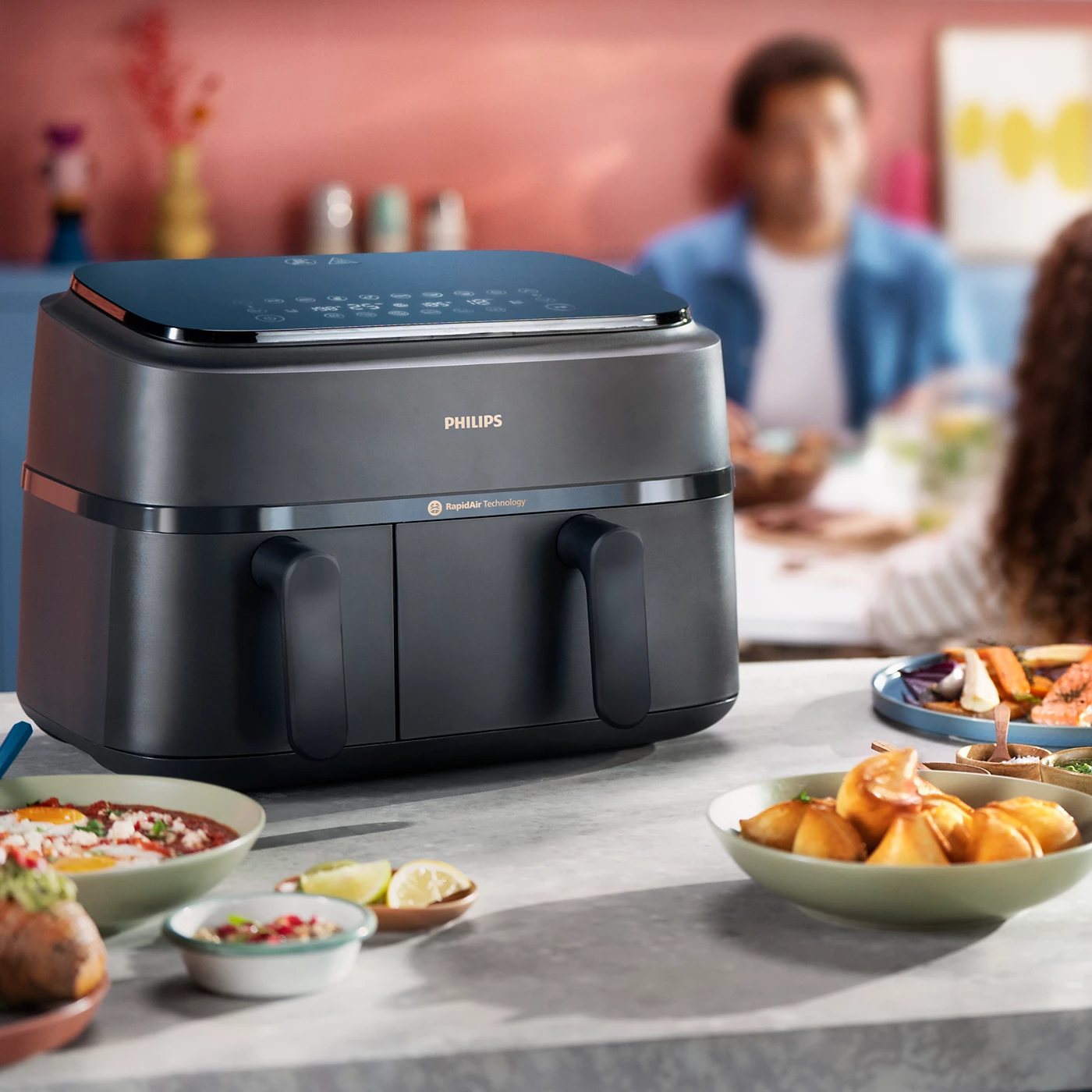 Picture of "Philips Airfryer NA350/00 – Dual Drawer, 9.5 Qt (9L) Capacity *Special Feature Programmable, *Temperature Control,* Timer Product Dimensions *15""D x 17.4""W x 12.3""H*Capacity 9 Liters *Material Plastic"