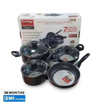 Picture of Prestige Omega Granite (Set of 7 Pieces with Sos Pan, korai, fry pan, milk pan ) Induction Bottom Cookware Set (Aluminium, 7 - Piece)