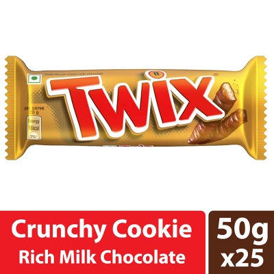 Picture of Twix Caramel Cookie Chocolate Bar Loaded with Soft Nougat Chewy Caramel & Crunchy Cookie Premium Chocolate Pack for Sharing with Family & Friends 50Gram Pack of 25