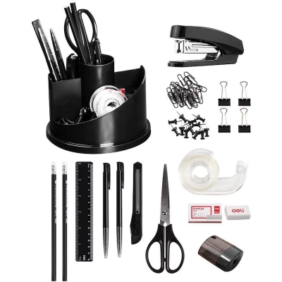Picture of Rotating Office Supplies Organizer Set, Desk Organizer Caddy Gift Set Come with Tape Dispenser, Pens, Stapler, Binder Clips, Sharpener, Scissor, Eraser, Black