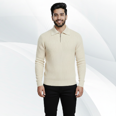 Picture of Men's Rib High Neck Sweater Half Zipper (Cream)