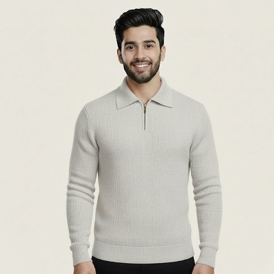 Picture of Men's Rib High Neck Sweater Half Zipper (Ash)