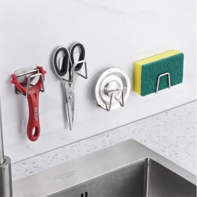 Picture of 1Pcs- Kitchen Sink Sponge Rack Drain Storage Holder Self Adhesive Stainless Steel Wire Ball Rag Brush Organizer Wall Hooks