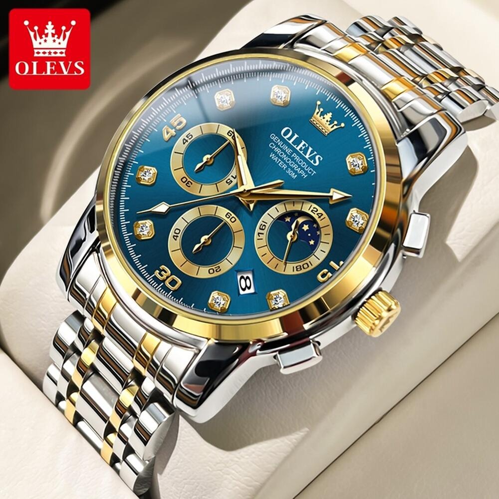 Picture of OLEVS Men's Watch Waterproof Diamond set Dial Chronograph Luminous Calendar Stainless Steel Strap with Gift Box