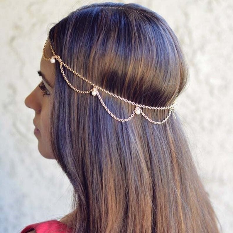 Picture of Women Head Jewelry Hair Chain Simple Shining Sequins Head Ornaments Pendant Head Chain Head