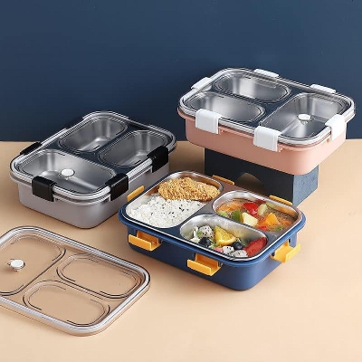 Picture of LaxSon Leak Proof 3 Compartment Stainless Steel Lunch Boxes with Removable Inner Plate Reusable Microwave Freezer Safe Food Containers for Adults and Kids