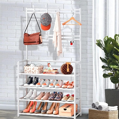 Picture of 4 Bottom Shelves Shoes and Garment Metal Stand with Hooks Multipurpose Balcony Bedroom Living Room Space Organizer Storage Rack