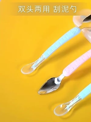 Picture of Baby silicon spoon fruit mud artifact baby supplementary food spoon baby double head scrape mud spoon 304 stainless steel digging spoon -1pcs