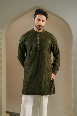 Picture of Ayaaz Embroidered Panjabi â€“ Olive Green