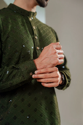 Picture of Ayaaz Embroidered Panjabi â€“ Olive Green