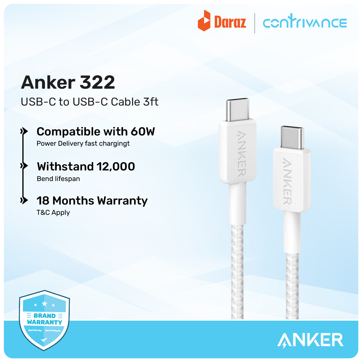 Picture of Anker 322 USB-C To USB-C Fast Charging Cable (3ft) With Durable & High-Speed Charging For Phones, Tablets & Others