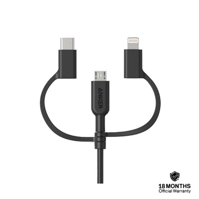 Picture of Anker Powerline II 3-in-1 Fast Charging Cable With USB-A to Lightning/USB-C/Micro USB (3ft)