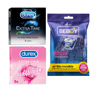 Picture of Durex ProtectWell Combo = 9Pcs Condom + Durex Extra Time 3s + Durex BubbleGum 3s + Beboy Air Thin Invisible 3s Condom