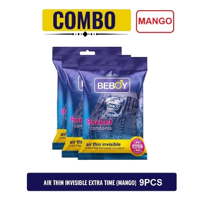 Picture of Beboy Extra Time Air Thin Invisible Condom (Mango Flavoured) Pouch Pack (Combo) 3x3 - 9Pcs (India)