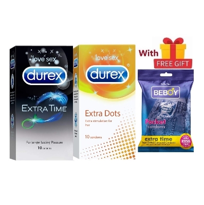 Picture of Durex Spooning Combo = 23Pcs Condom + Durex Extra Time 10s + Extra Dots 10s + Beboy Extra Time Dotted Paan 3s + Free Gift