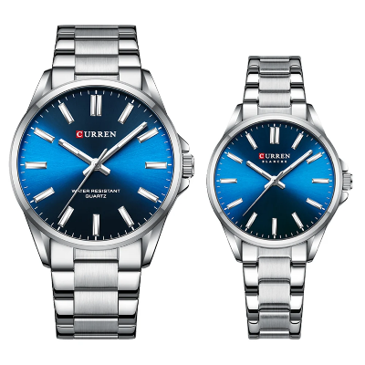 Picture of CURREN 9090 Couple Quartz Watches For Men Women Stainless Steel Silver Blue