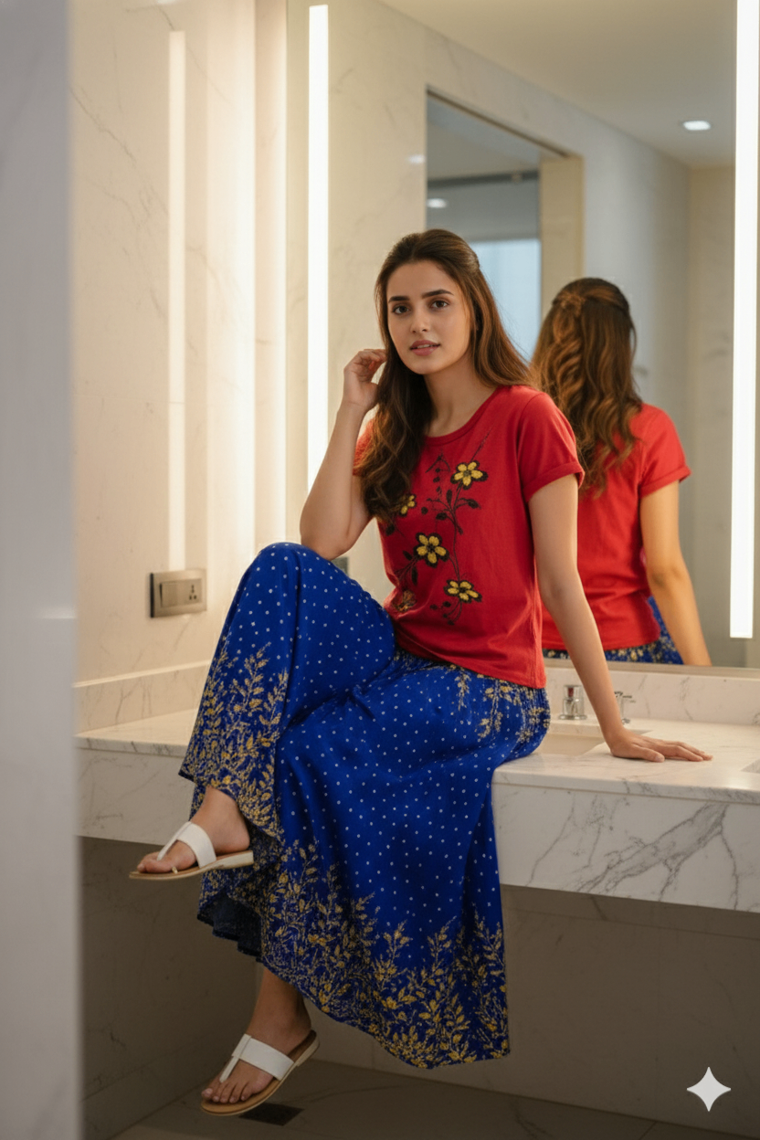 Picture of  Polyster fabrics print skirt for teenager girls-Blue