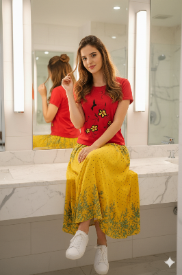 Picture of Polyster fabrics print skirt for teenager girls-yellow