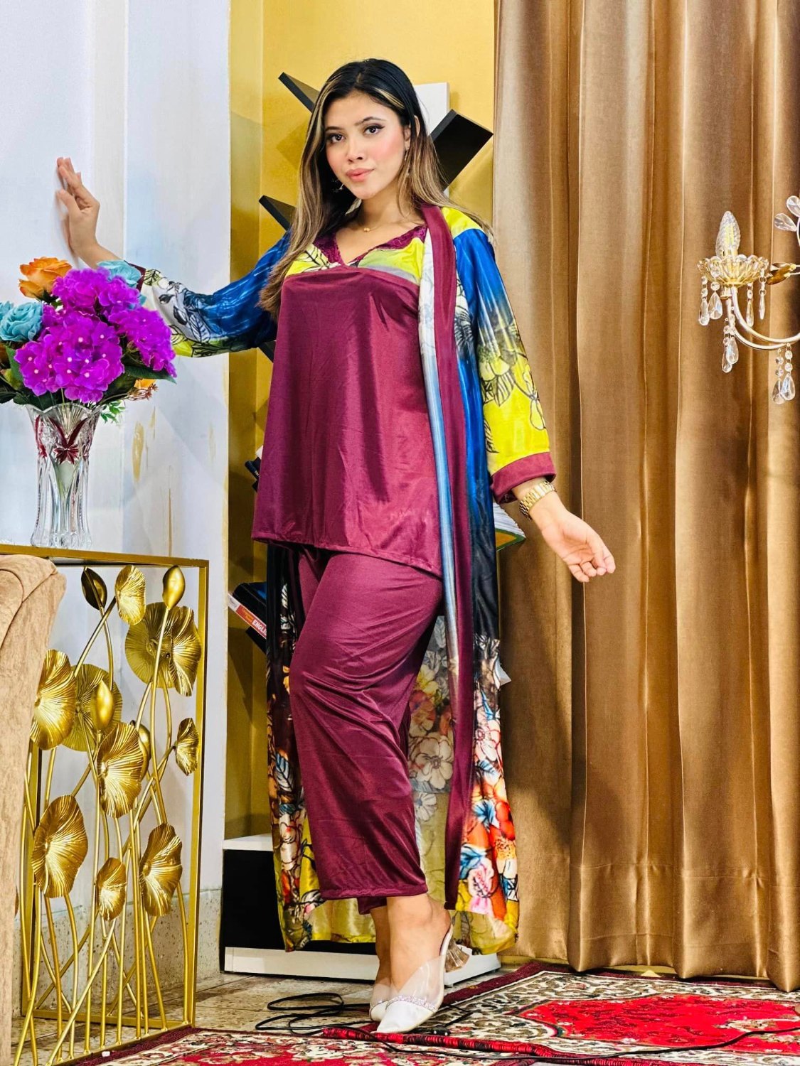 Picture of  A stunning 3 part night dress with digital print on China Glaze fabric Nighty for womans