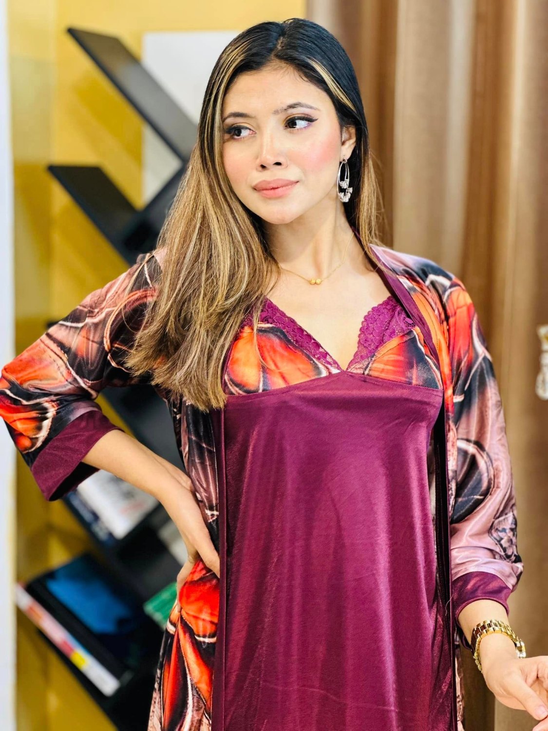 Picture of  A stunning 3 part night dress with digital print on China Glaze fabric Nighty for woman